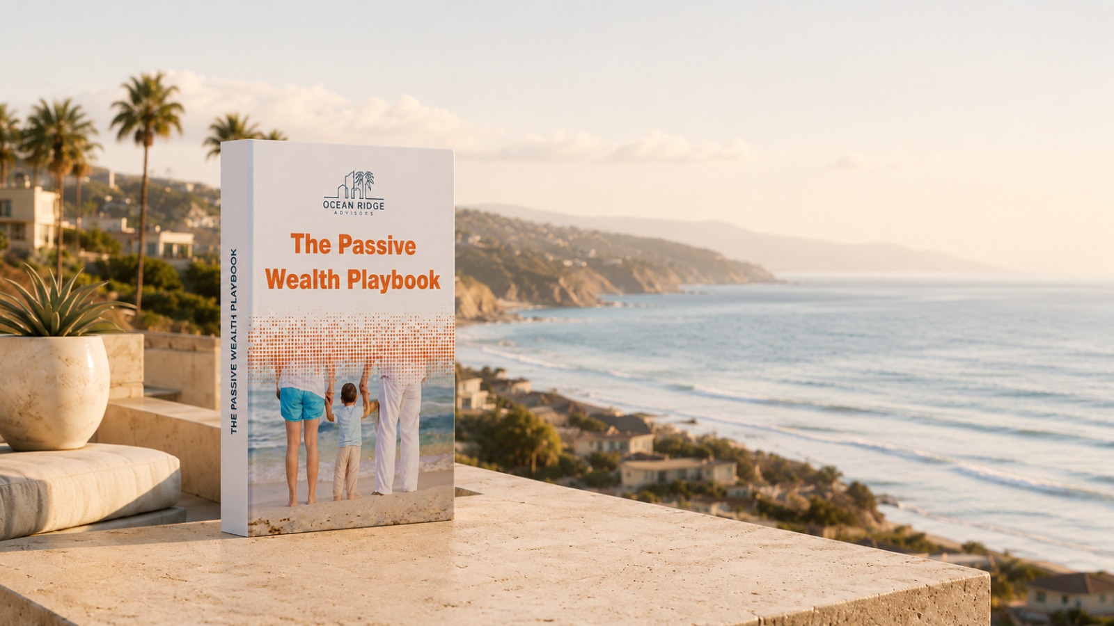 The Passive Wealth Playbook displayed on a limestone terrace overlooking the Southern California coastline.